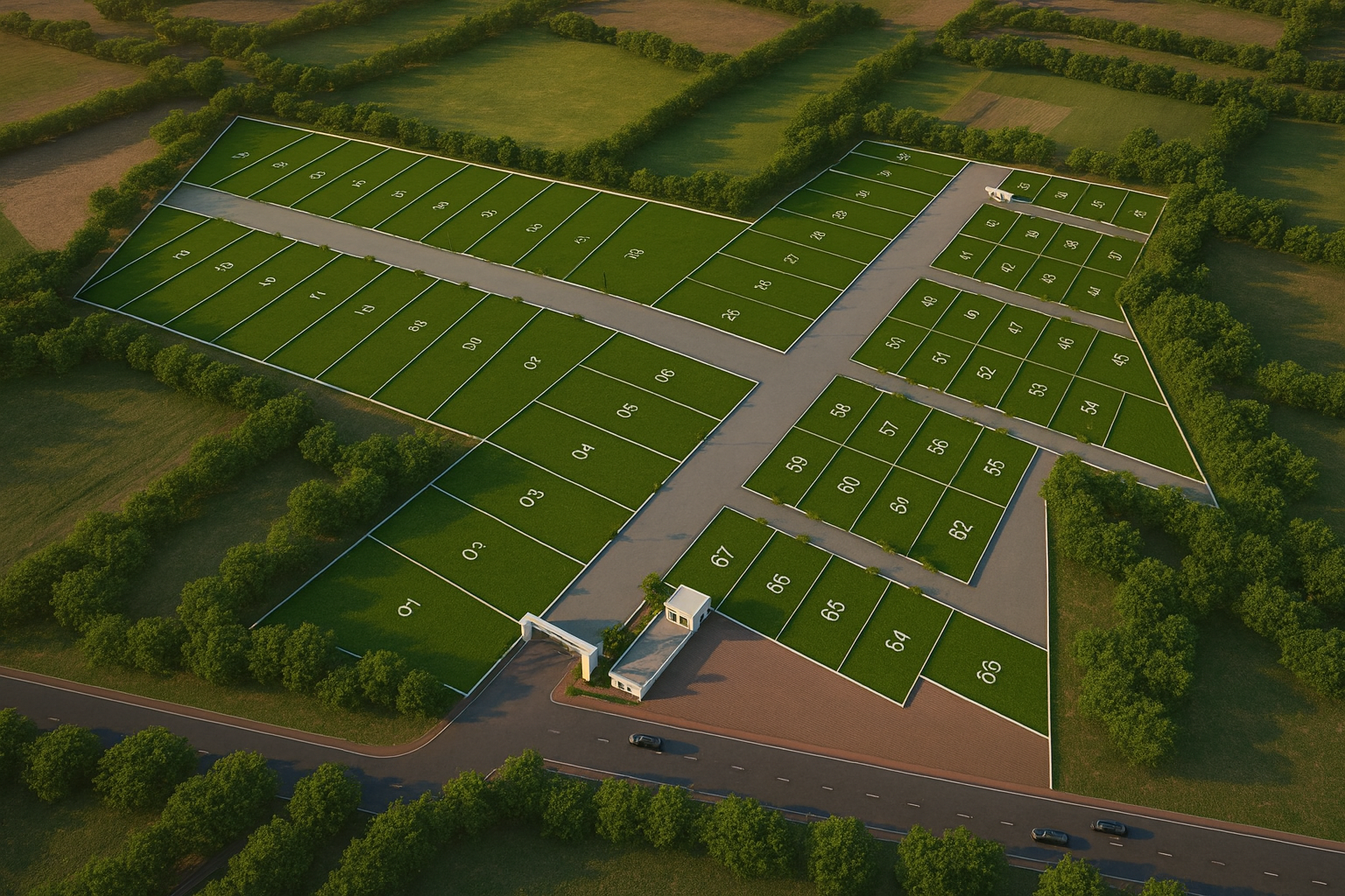 Aerial top view of villas and plotted community masterplan